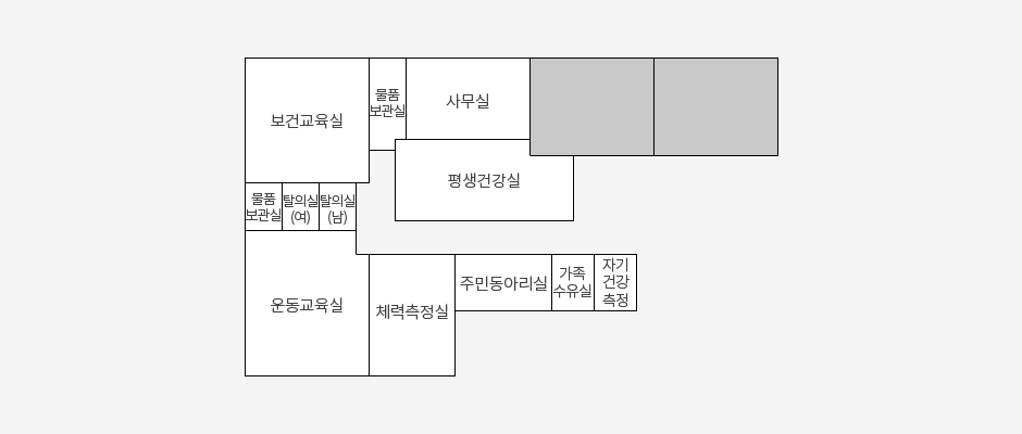 송정건강생활지원센터 이미지 : 보건교육실에서 오른쪽으로 창고, 사무실, 평생건강실, 자기건강측정, 가족수유실, 주민동아리실, 체력측정실, 운동교육실, 창고, 탈의실(여), 탈의실(남) 순으로 있습니다.